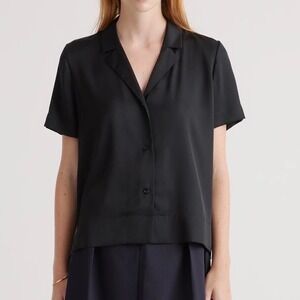 Quince Washable Stretch Silk Short Sleeve Notch Collar Blouse in Black - M